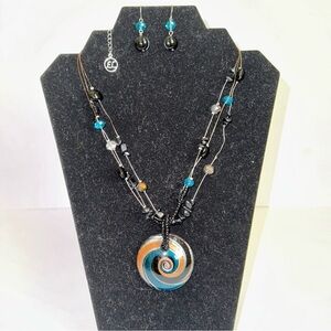 Y2K Erica Lyons Blue Black Metallic Beaded Art Glass Necklace & Earrings Set